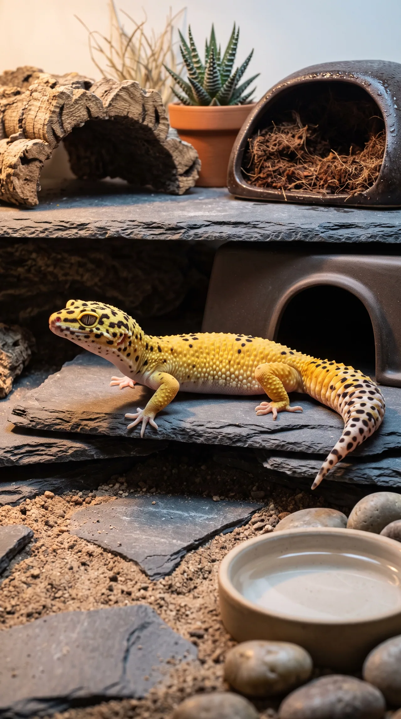 Gecko-leopardo sobre laje de ardósia, entre o esconderijo úmido e o bebedouro