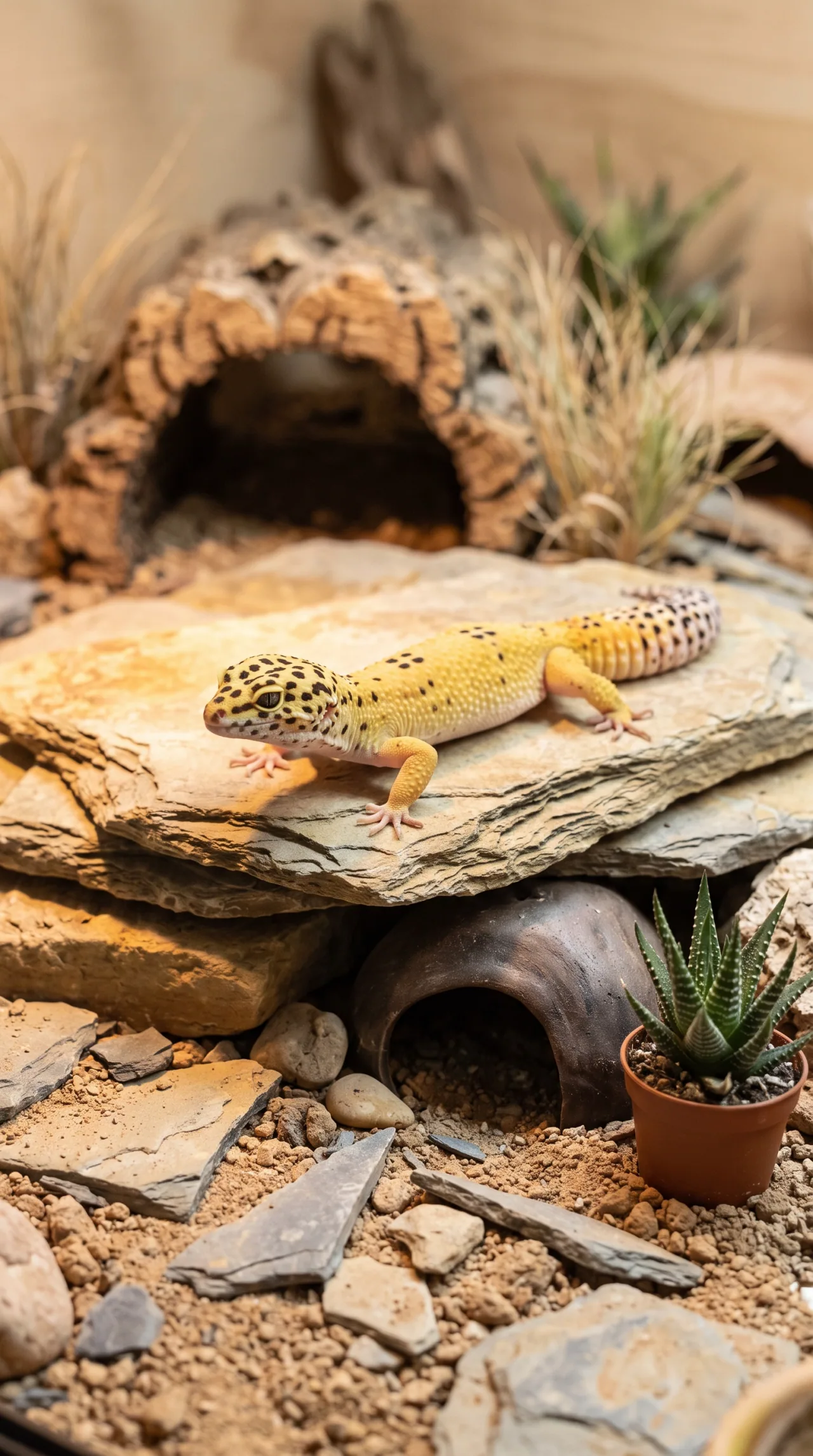 Gecko-leopardo sobre laje de arenito, sob a caverna de cortiça e as plantas-de-ar