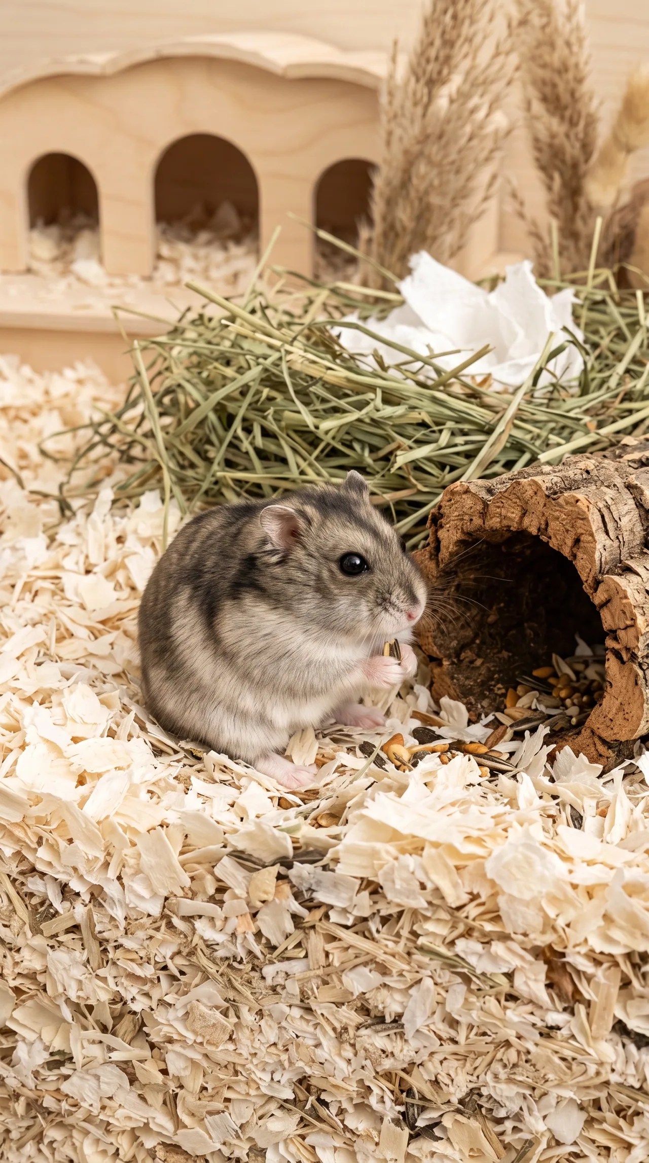 Hamster-anão alimentando-se junto ao túnel de cortiça, com o ninho de feno ao fundo
