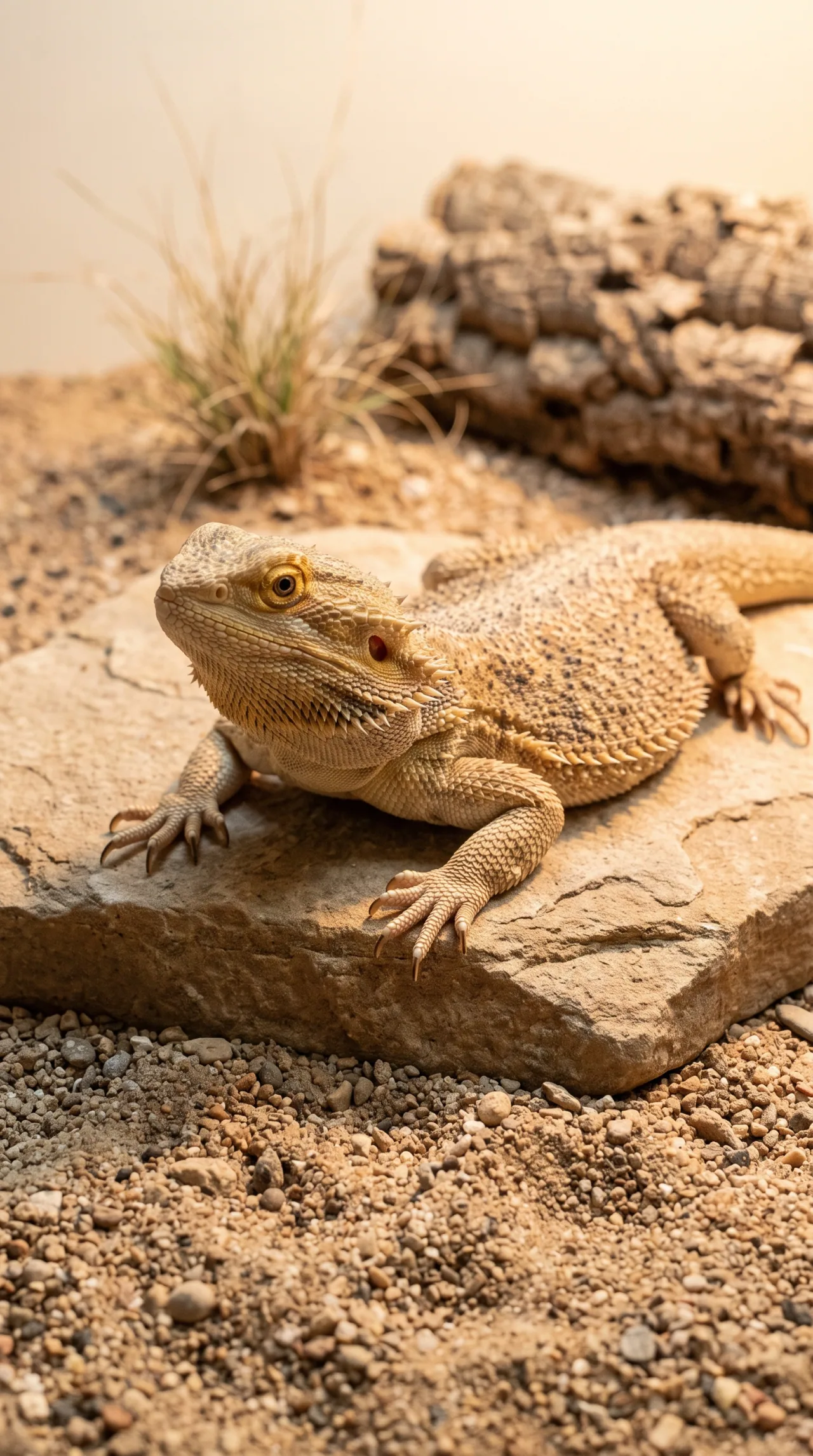 Pogona em repouso sobre laje de pedra, em habitat árido de cascalho e cortiça